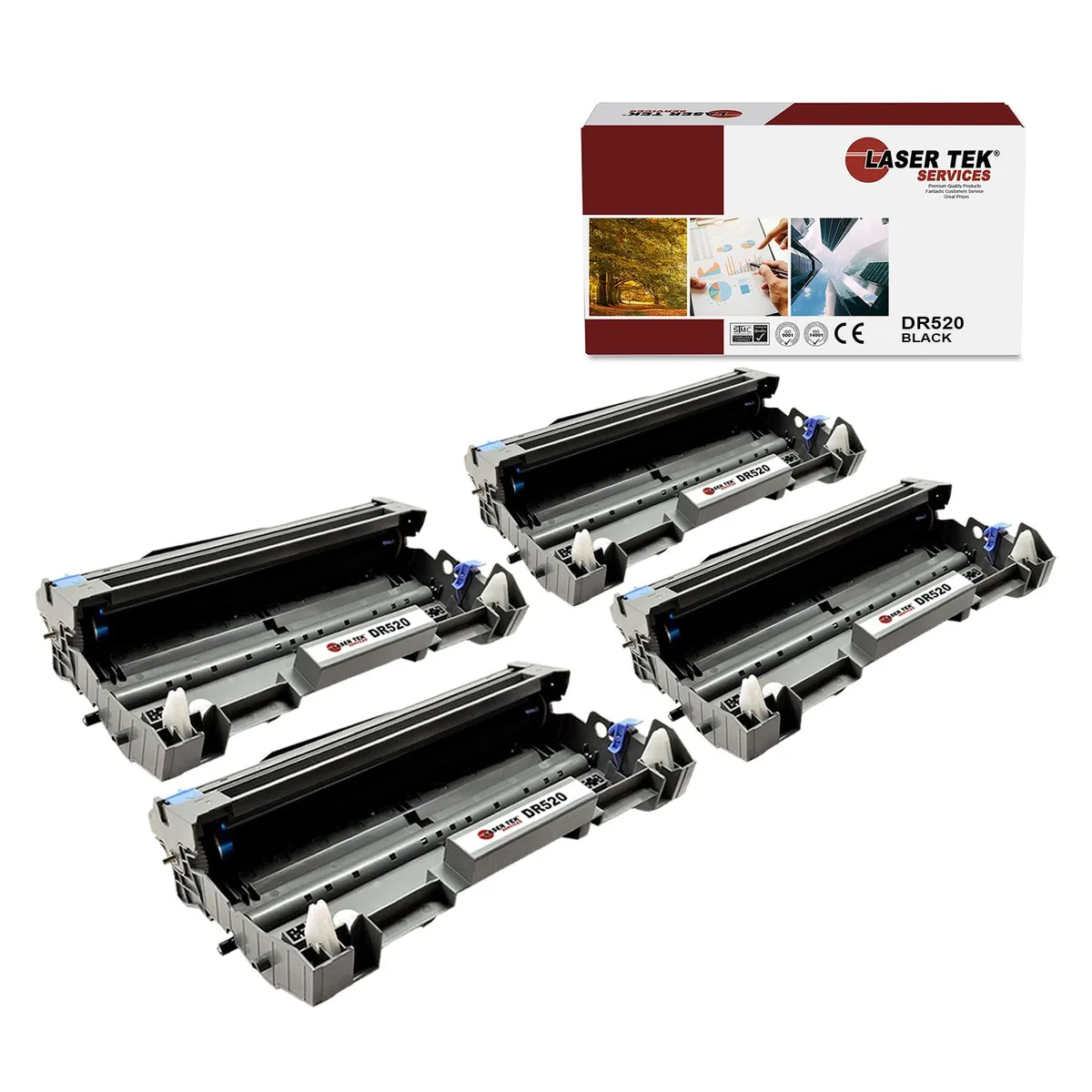 Four black drum units in plastic packaging