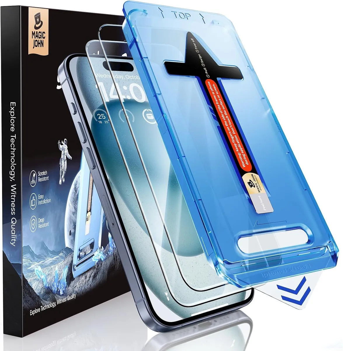 Two rectangular tempered glass screen protectors with cutouts for Dynamic Island and speaker dust covers