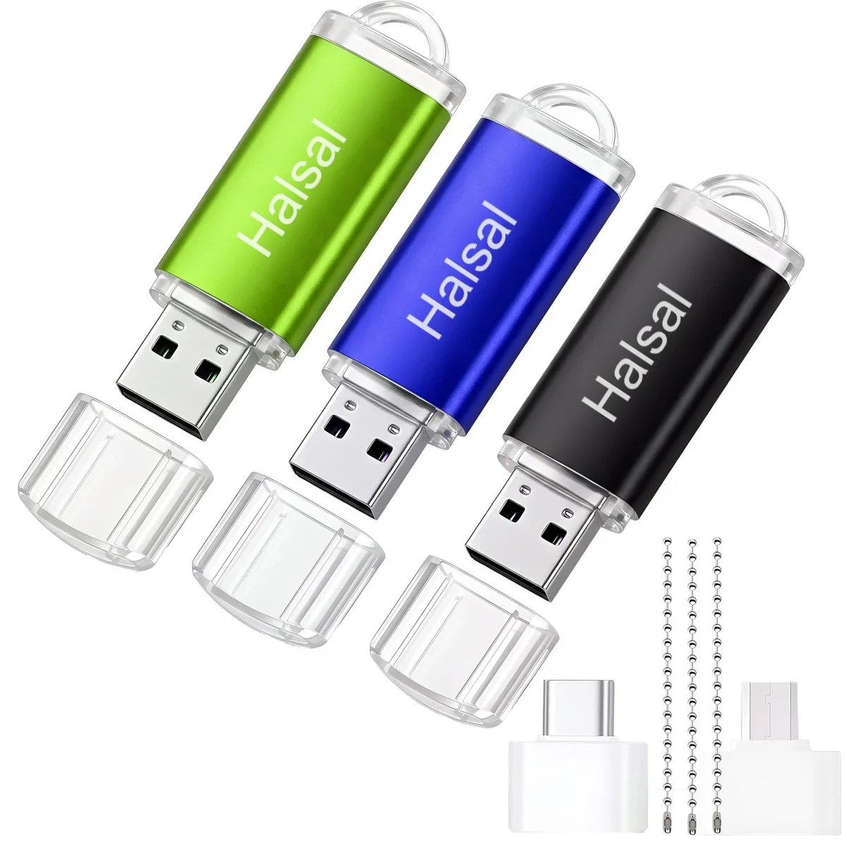Halasal Halasal 3-in-1 USB 2.0 Flash Drive 2 GB 3-Pack Blue Black with Type-C Micro USB Adapters — product photo