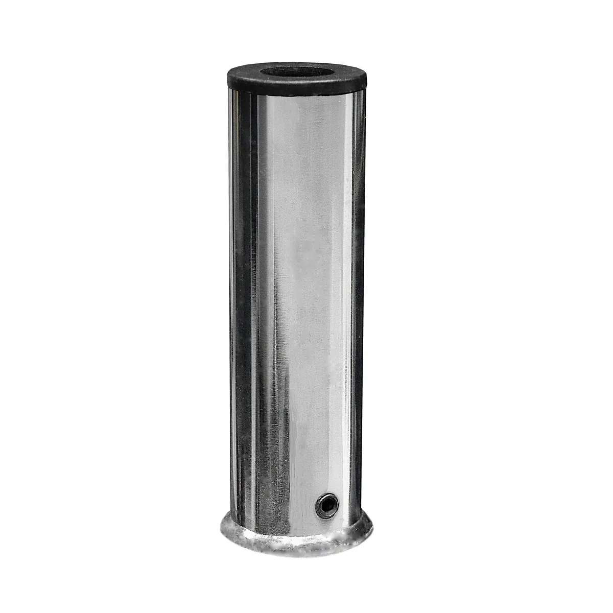 Chrome-finished steel Olympic adapter, seven inches long, converts one-inch bar to Olympic plates