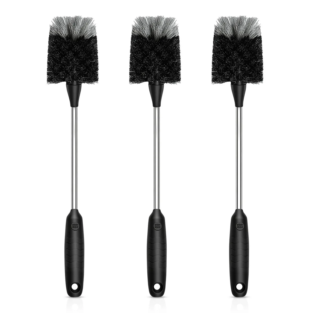 Three black bottle brushes with 14-in stainless steel handles and nylon bristles, non-slip grips, hanging holes