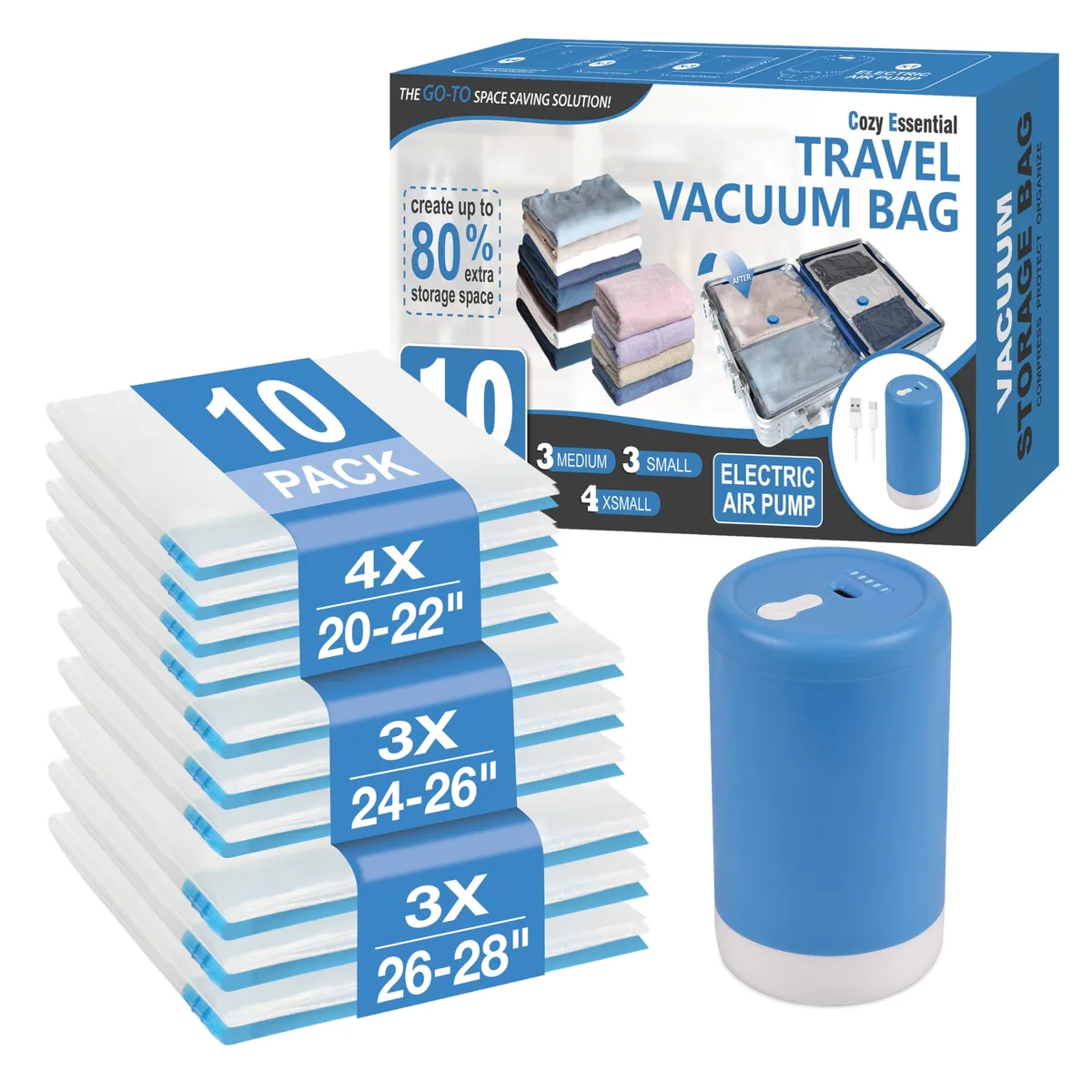 Transparent vacuum storage bags with USB rechargeable pump, ten-piece set