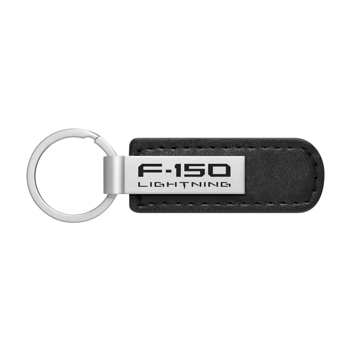 Black leather-look key fob with metal badge showing Ford F-150 Lightning logo