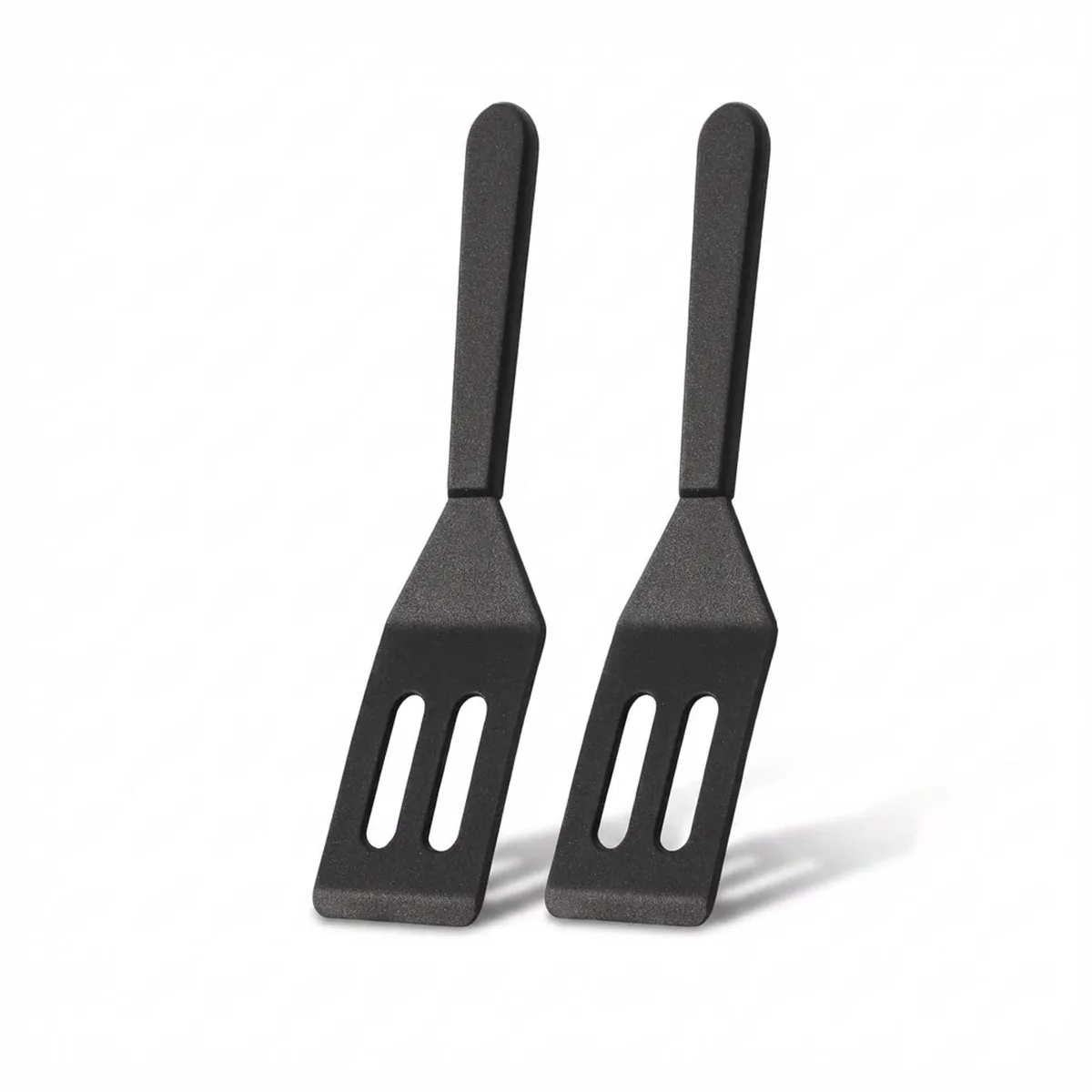 Two black mini silicone spatulas, 8.03 inches long, angled heads with drainage slots