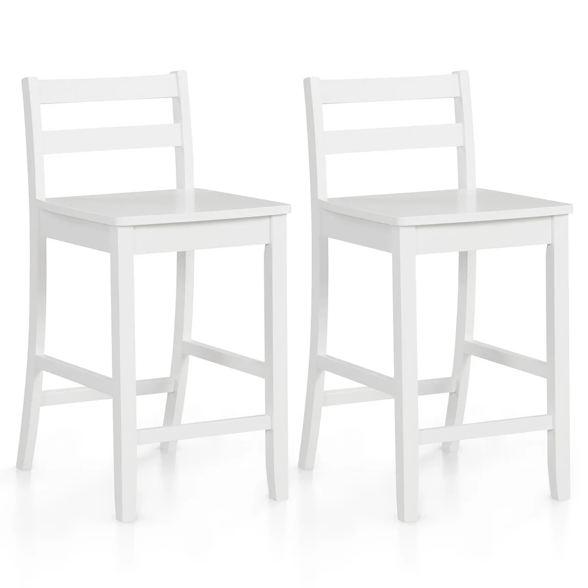 Two white wooden barstools with backrests and footrests, set of two