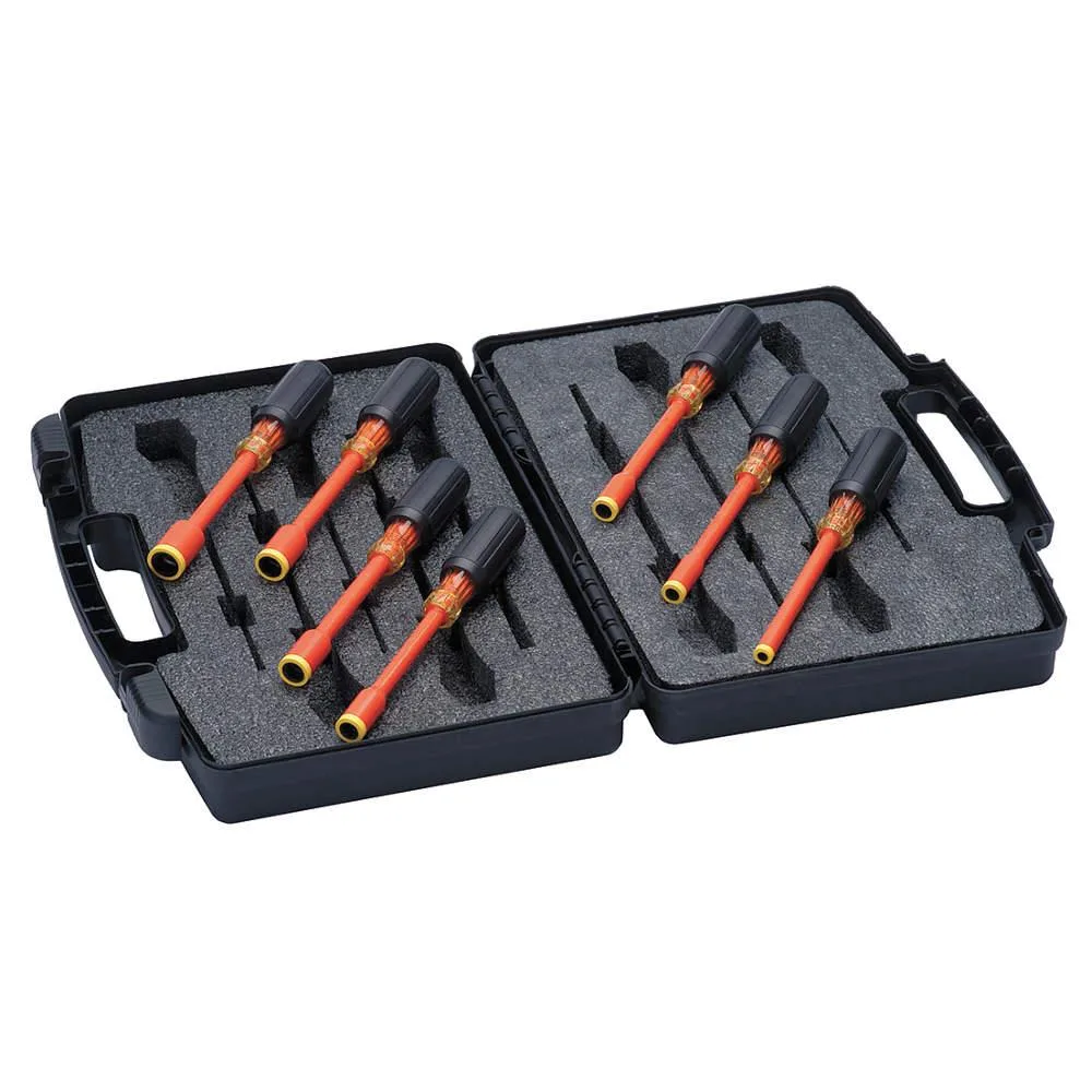 Seven orange cushion-grip nut drivers on a rack