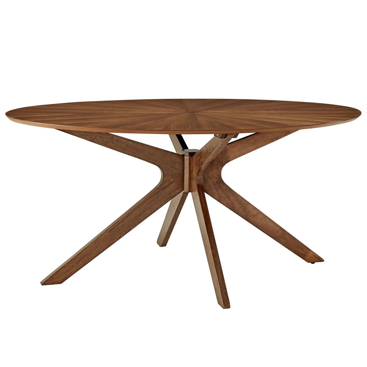 Oval walnut veneer dining table with intersecting pedestal base, 63 inch top
