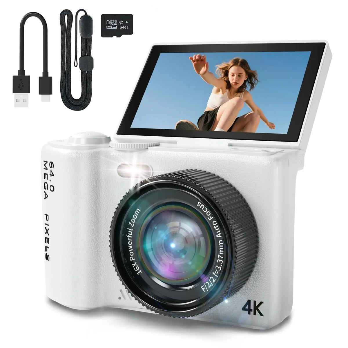  saiyuanxing XLXJ-826FQ 64MP 16x Zoom 4K Point &amp; Shoot Camera White — product photo
