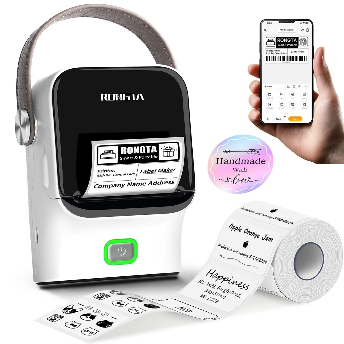 Compact white label printer with Bluetooth, 250g, includes label roll inside