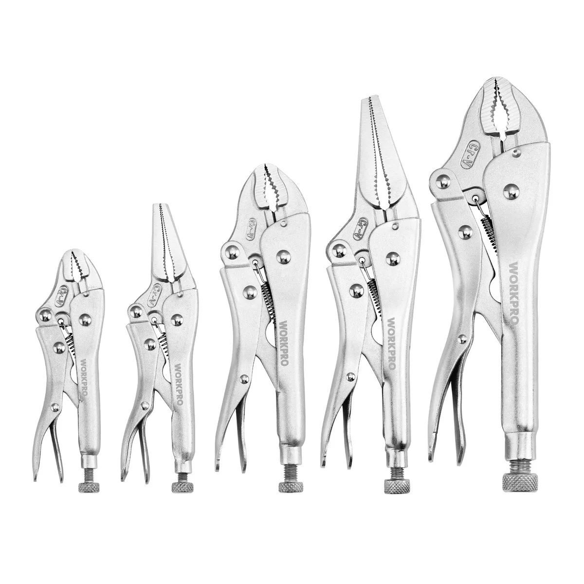 Silver five-piece locking pliers set in storage bag