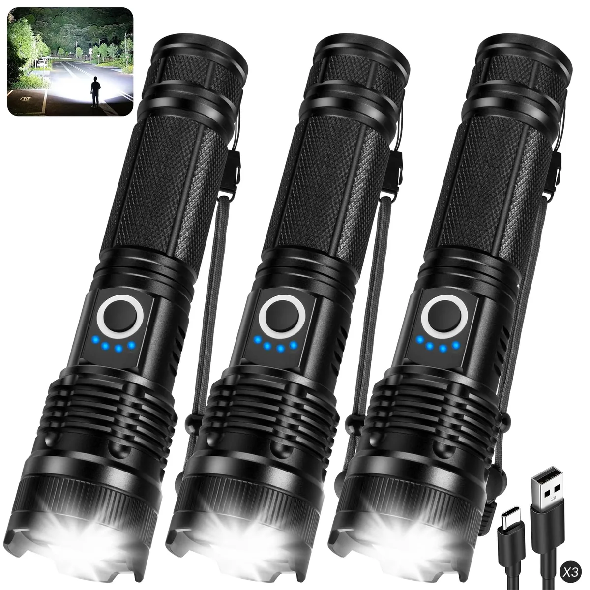 Three black aluminum LED flashlights with USB-C ports, compact cylindrical form, textured grip finish