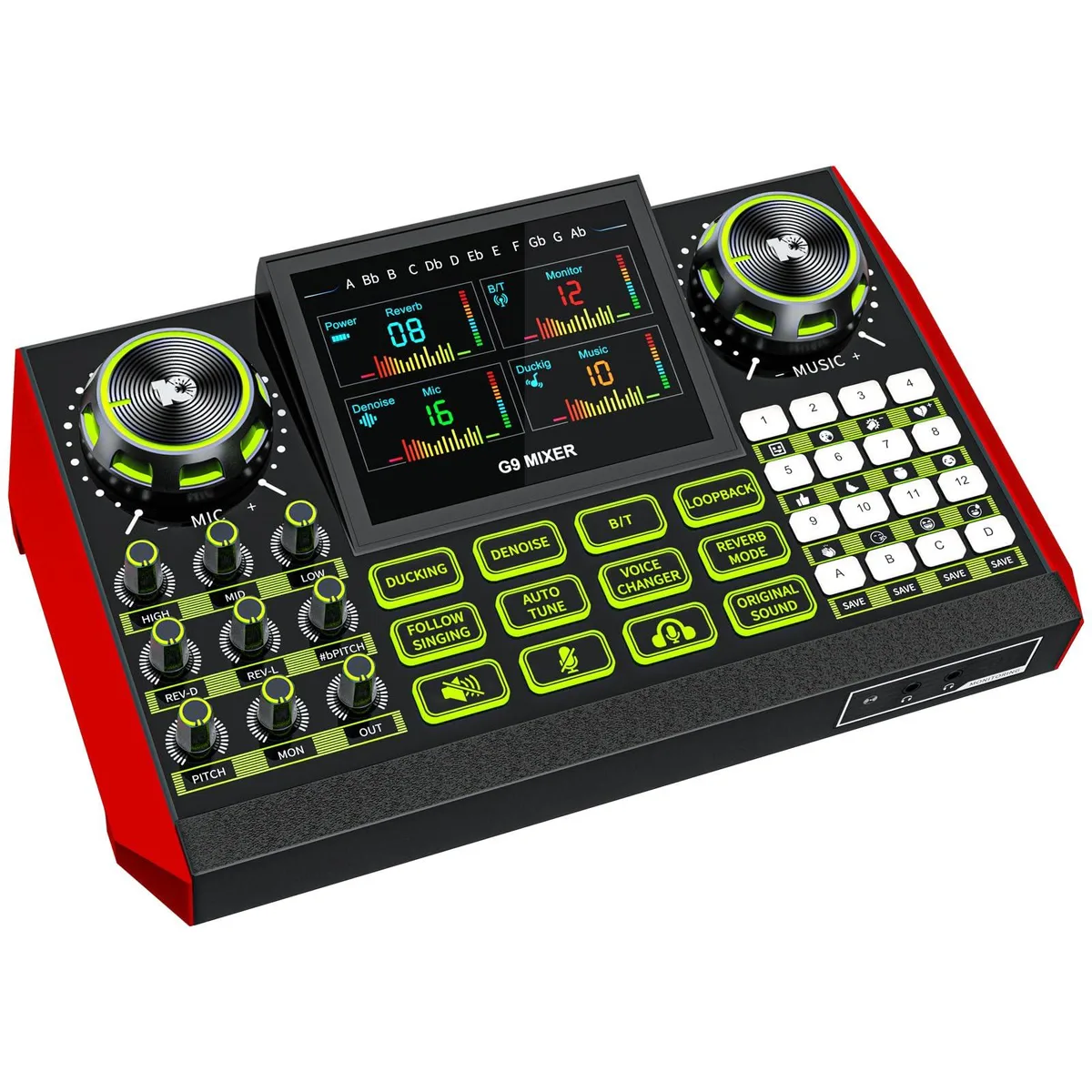 Compact desktop audio mixer with knobs and faders, matte black finish