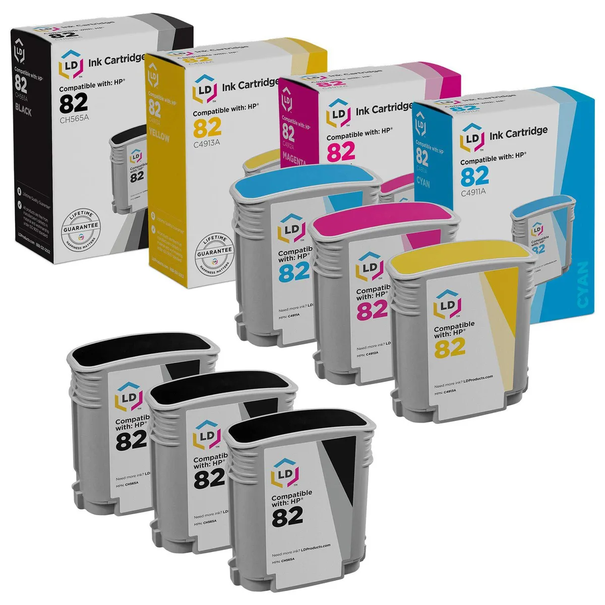 LD Products LD Products HP 82 6PK Remanufactured Ink Cartridges 3 Black 1 Cyan 1 Magenta 1 Yellow for DesignJet 510 — product photo