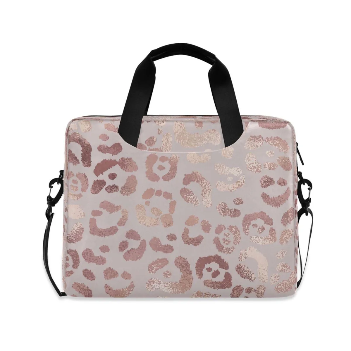 Leopard print laptop bag with rose gold accents, adjustable shoulder strap and carry handles