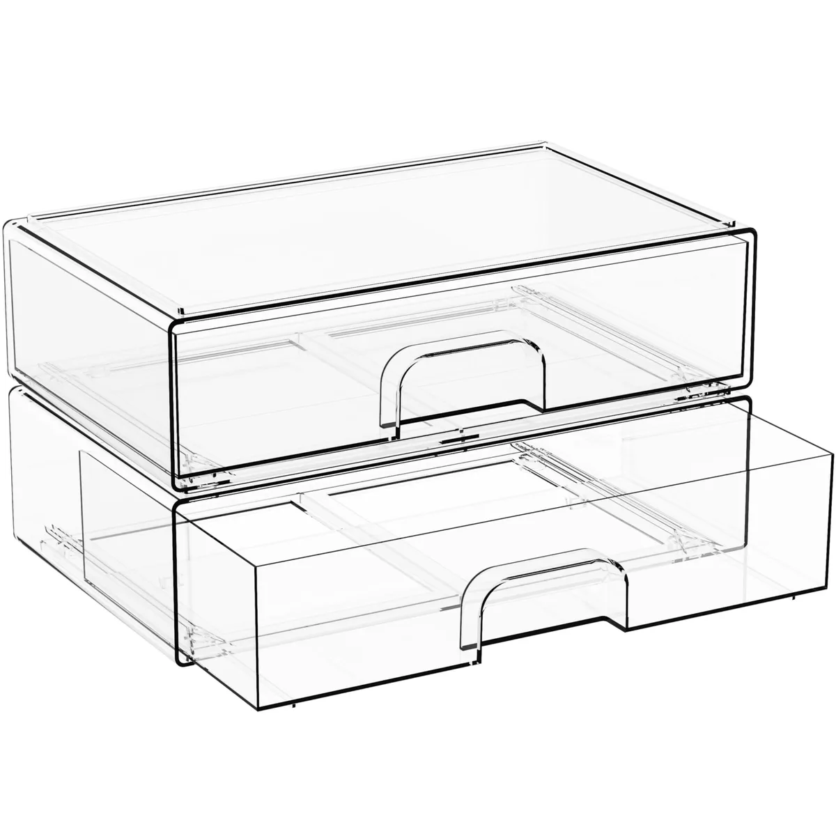 Two clear acrylic drawer organizers, rectangular, stackable, 12.1 by 7.5 by 3.5 inches