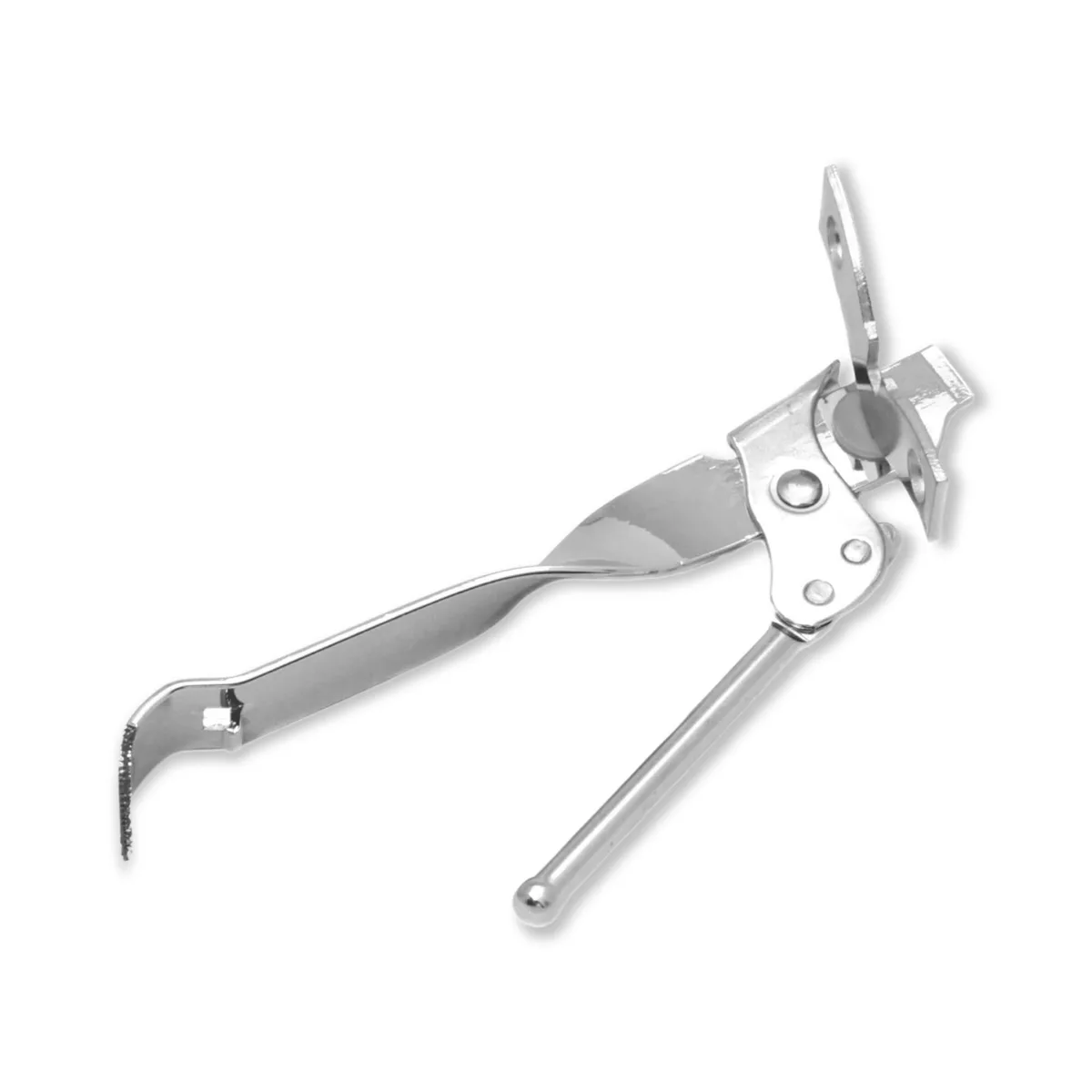 Nickel-plated steel manual can opener with integrated tapper, 6.5 inches long