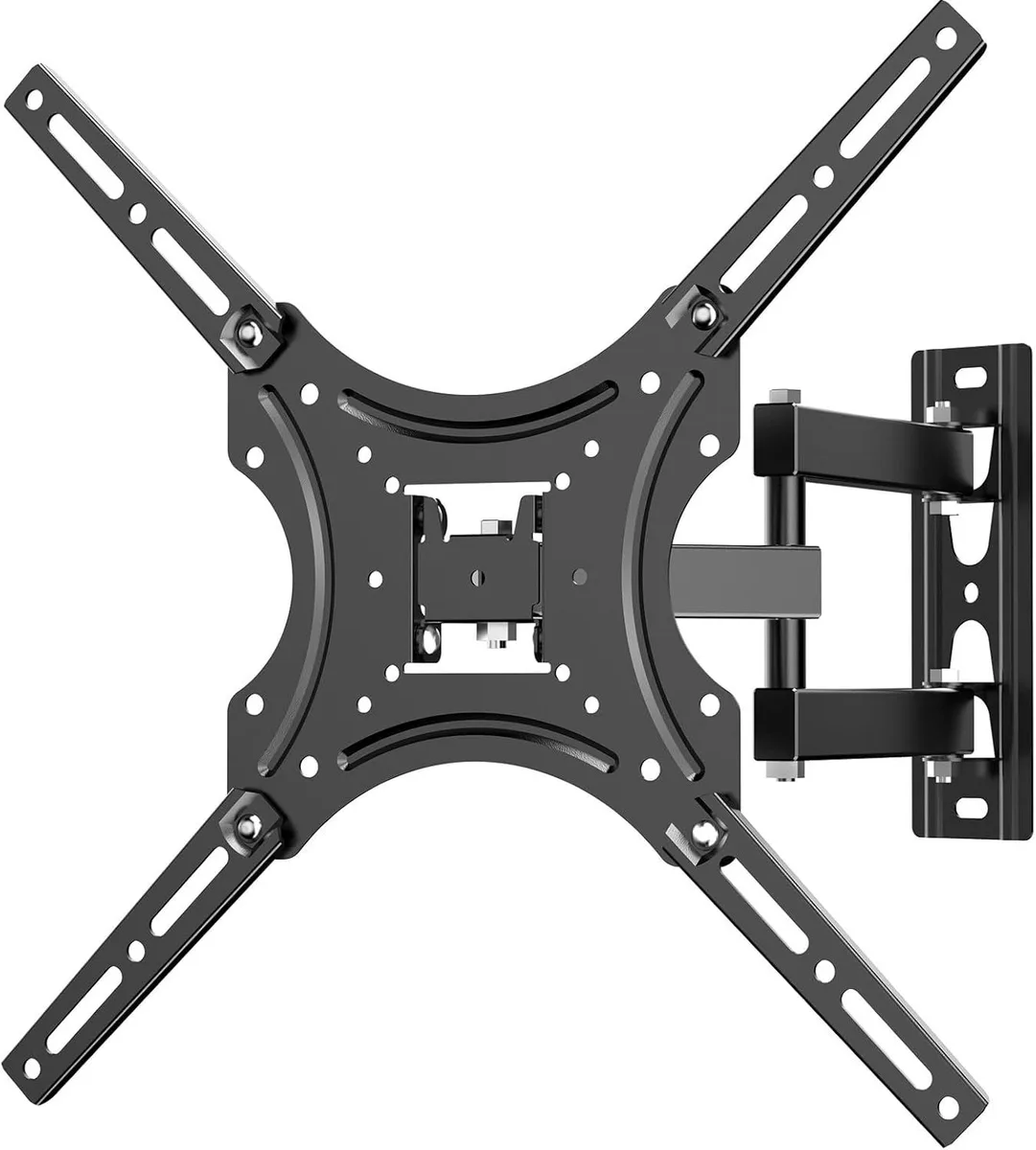 Black full-motion TV wall mount with articulated arm and slim wall plate