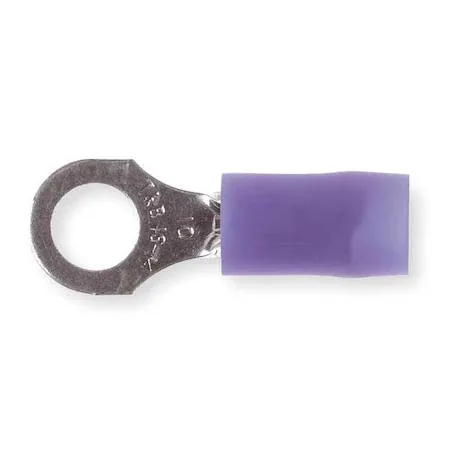 Blue nylon insulated ring terminal with tin-plated copper barrel, #10 stud hole