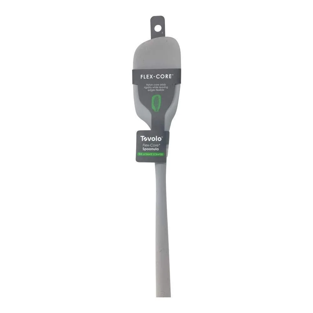 Gray silicone spoonula with flexible edges and offset angled head, 13.5 inches long