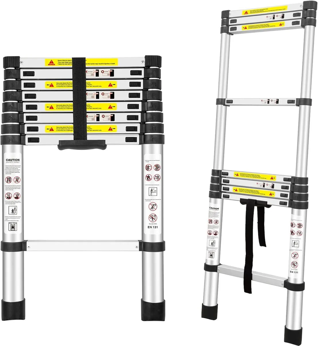 Silver aluminium telescoping ladder collapsed to compact rectangular block with carry strap