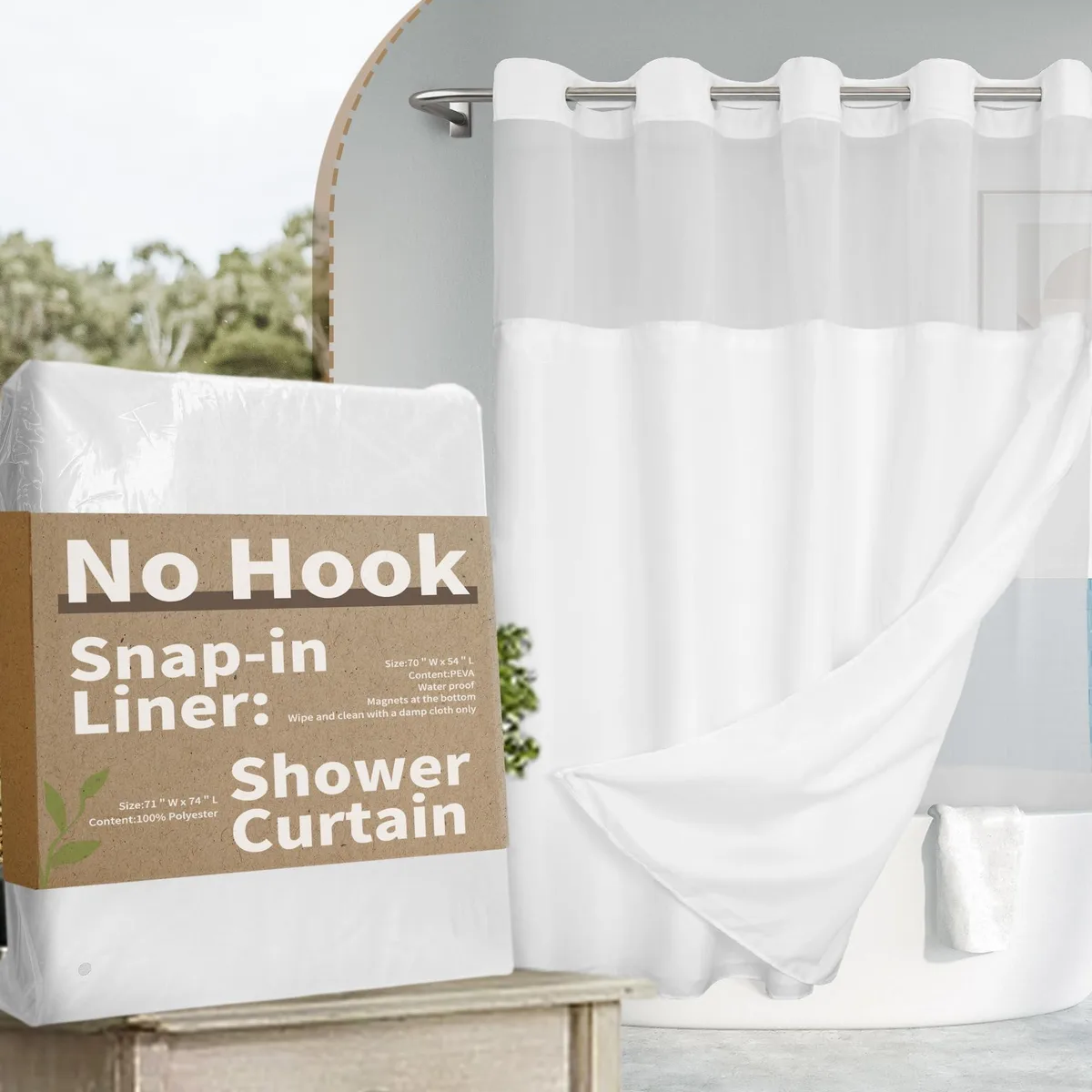 White fabric shower curtain with built-in rings, sheer mesh top and snap-in PEVA liner
