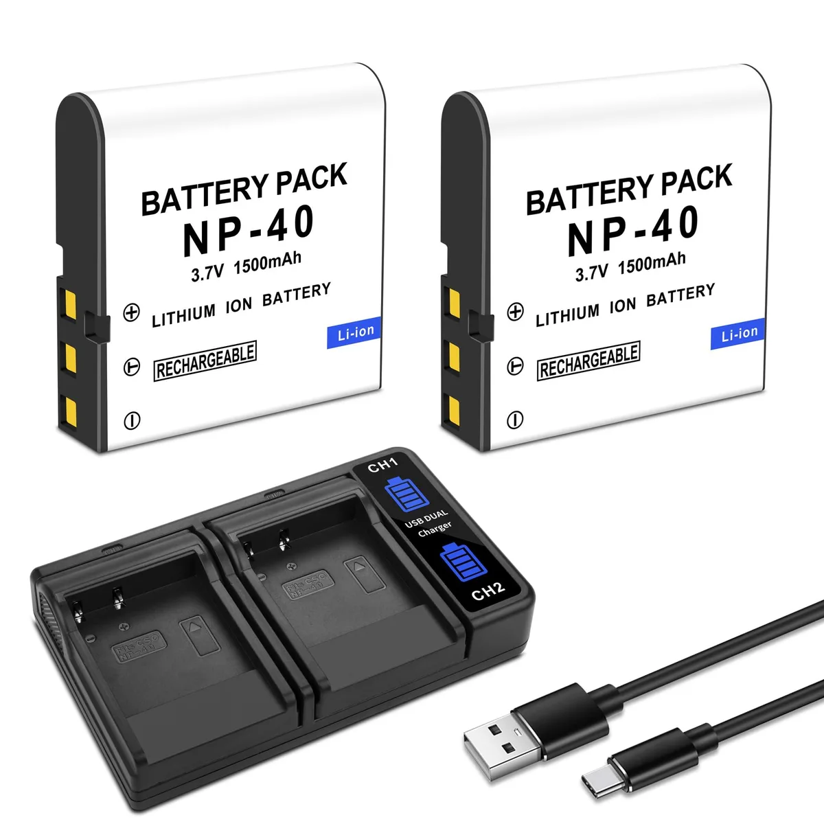  DFTIM NP-40 2-Pack 3.7V 1500mAh Li-ion Battery Kit with USB Dual Charger for Casio Exilim — product photo