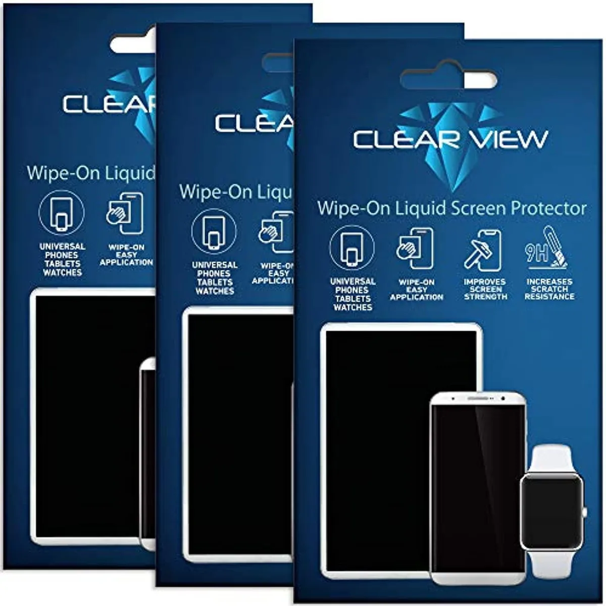 Three small bottles of clear liquid screen protector in clear packaging