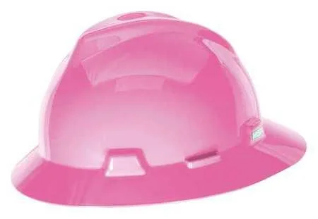Hot pink V-Gard hard hat with full brim and Staz-On suspension