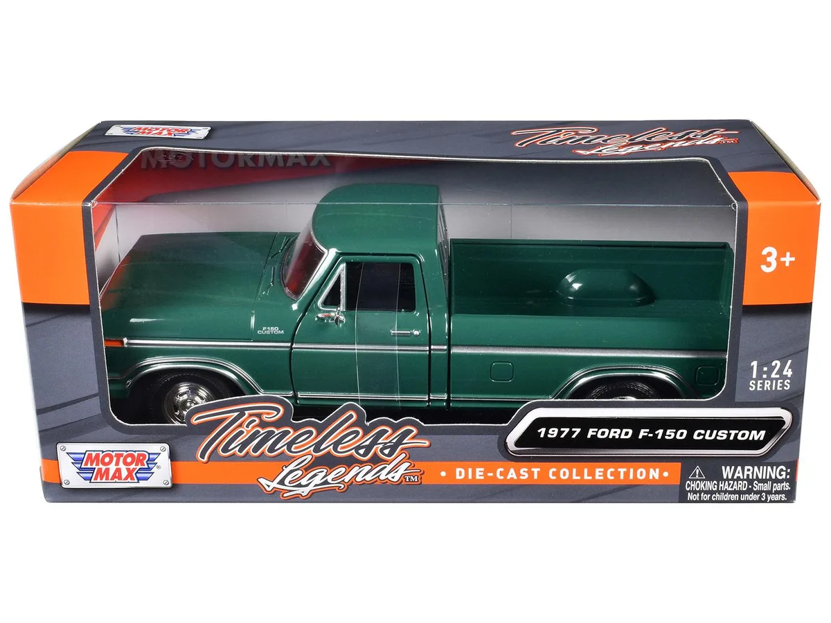 MOTORMAX MOTORMAX 1977 Ford F-150 Custom Pickup Truck Green Timeless Legends 1/24 Diecast — product photo