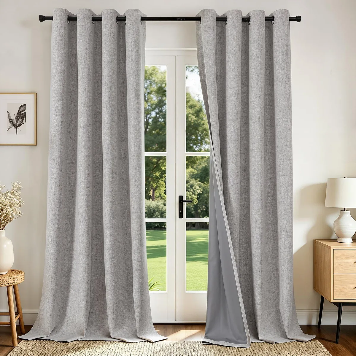 Two greyish-white linen-textured curtain panels with silver grommets, 84 inches long