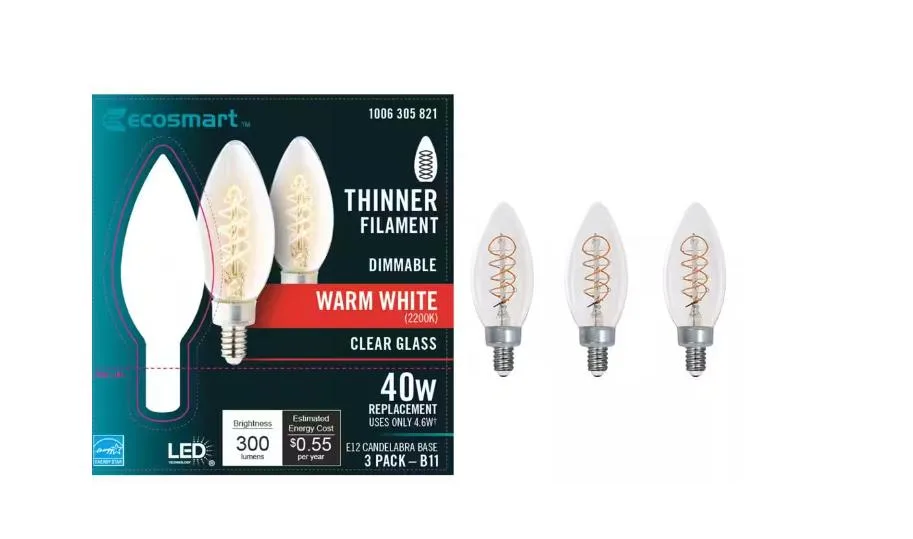 Ecosmart Ecosmart B11 E12 Dimmable LED Vintage Edison Filament Bulb 4.6W 300lm 2200K 3-Pack — product photo