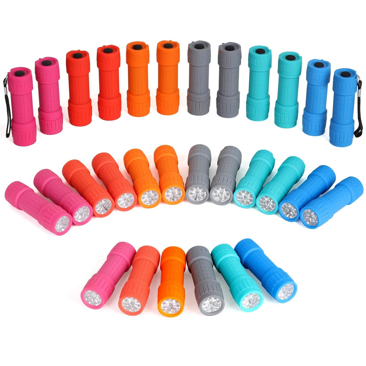 Thirty small cylindrical flashlights in six colours, rubber-coated, with lanyards, AAA batteries installed