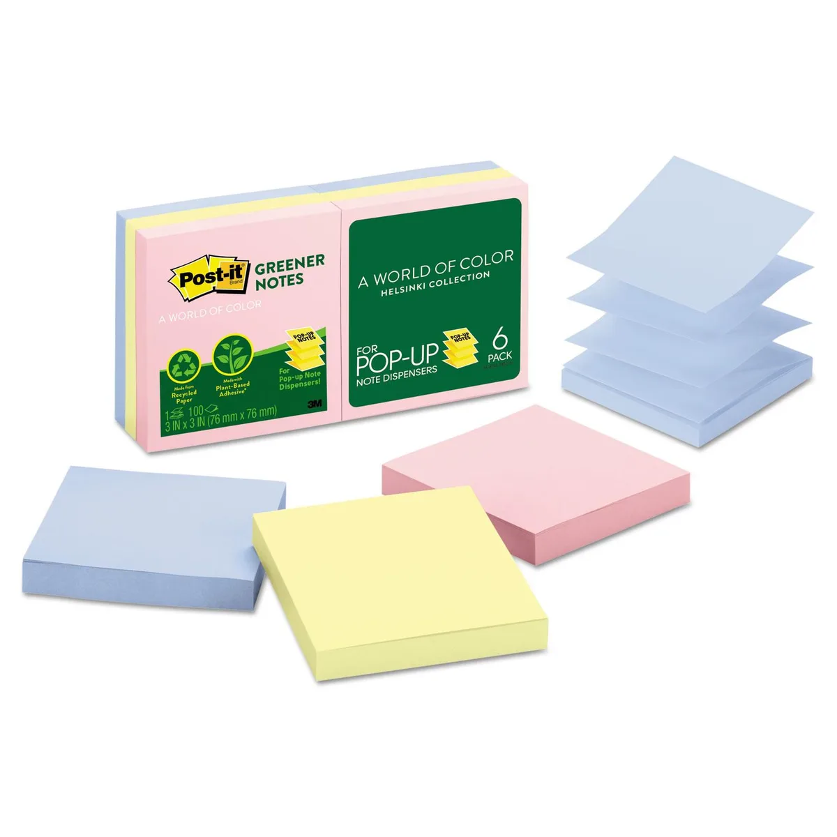 Six packs of 3 x 3 inch pop-up sticky notes in assorted Helsinki colours, 100 sheets each