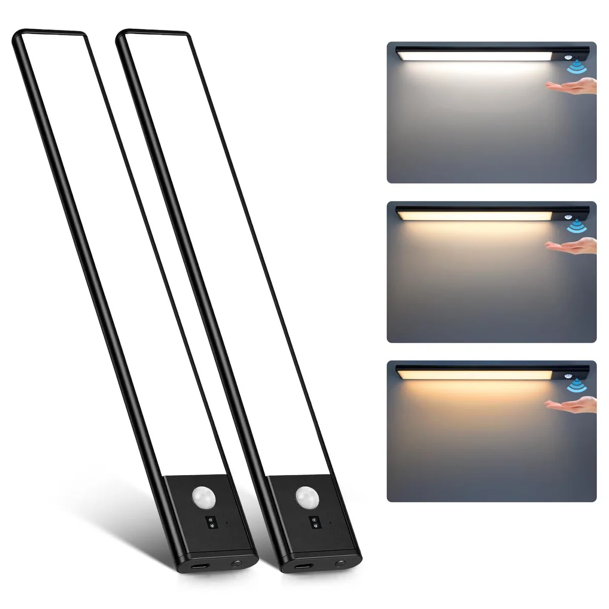 Two white 12-inch LED light bars with clear prismatic covers and black motion sensors
