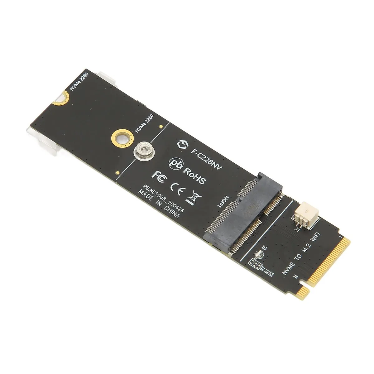 Small green circuit board with M.2 A+E key slot and flexible ribbon cable to M key slot