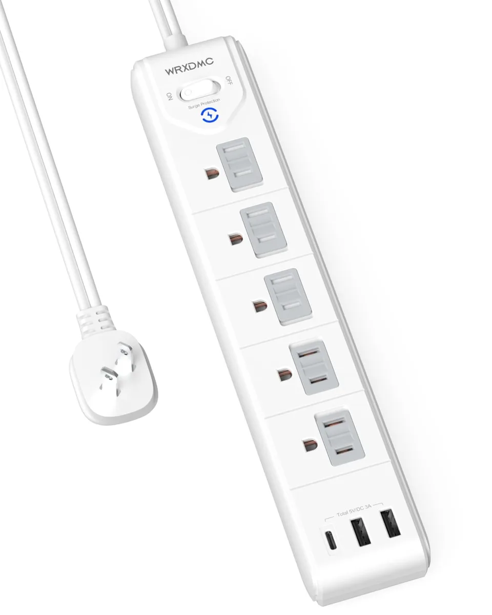  2 Prong to 3 Prong Adapter 5ft Cord 1680J Surge 5 AC 3 USB 45° Flat Plug 0.12in Cord Wall Mountable — product photo