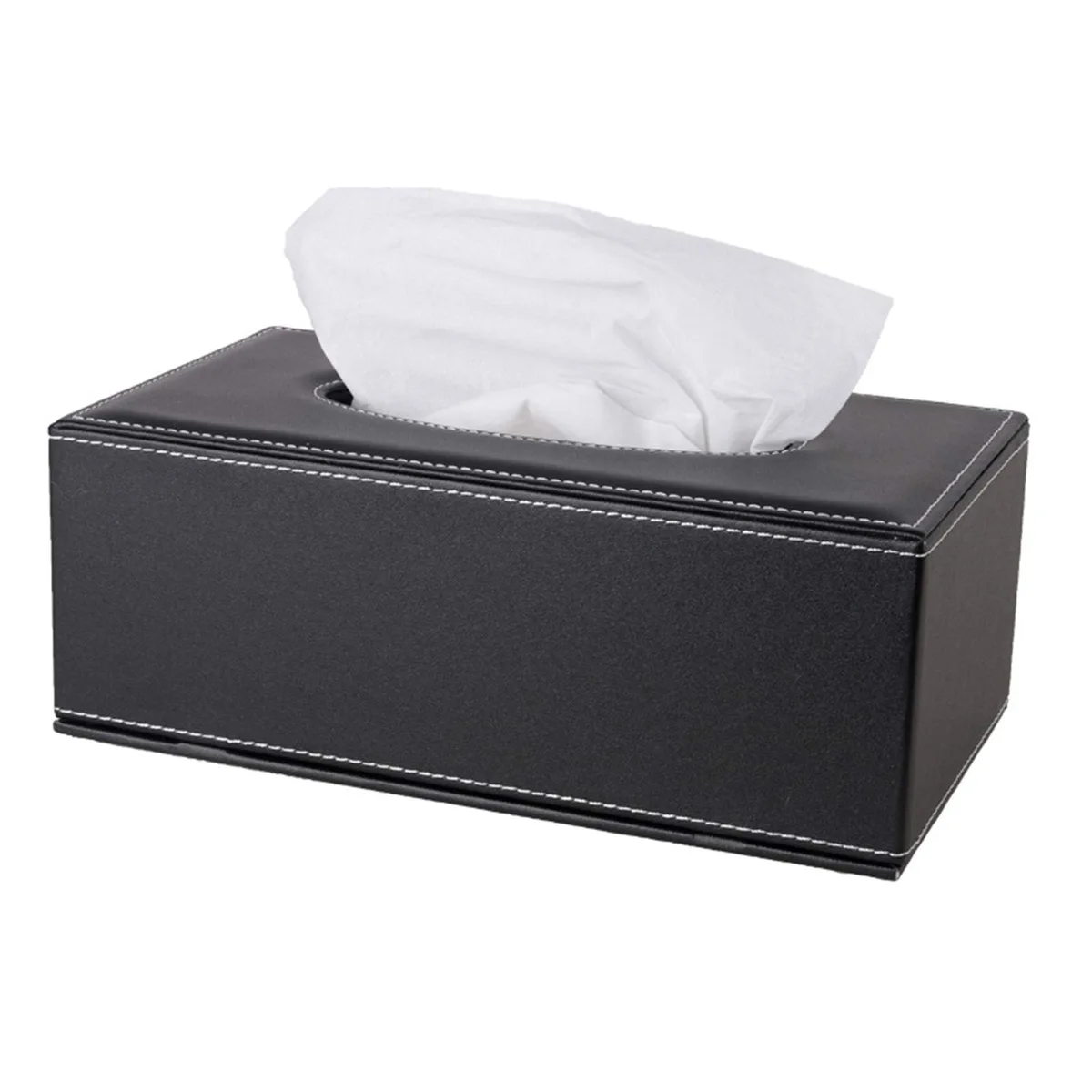 Rectangular black PU leather tissue box holder with magnetic bottom and padded lid