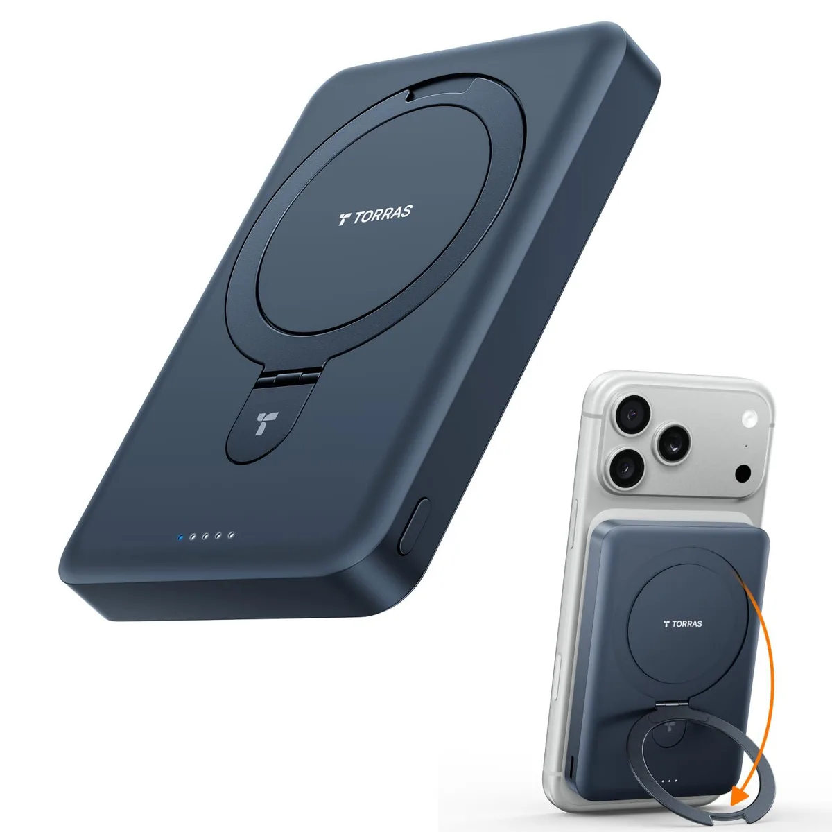Deep blue rectangular power bank with rounded edges and built-in stand, shown closed
