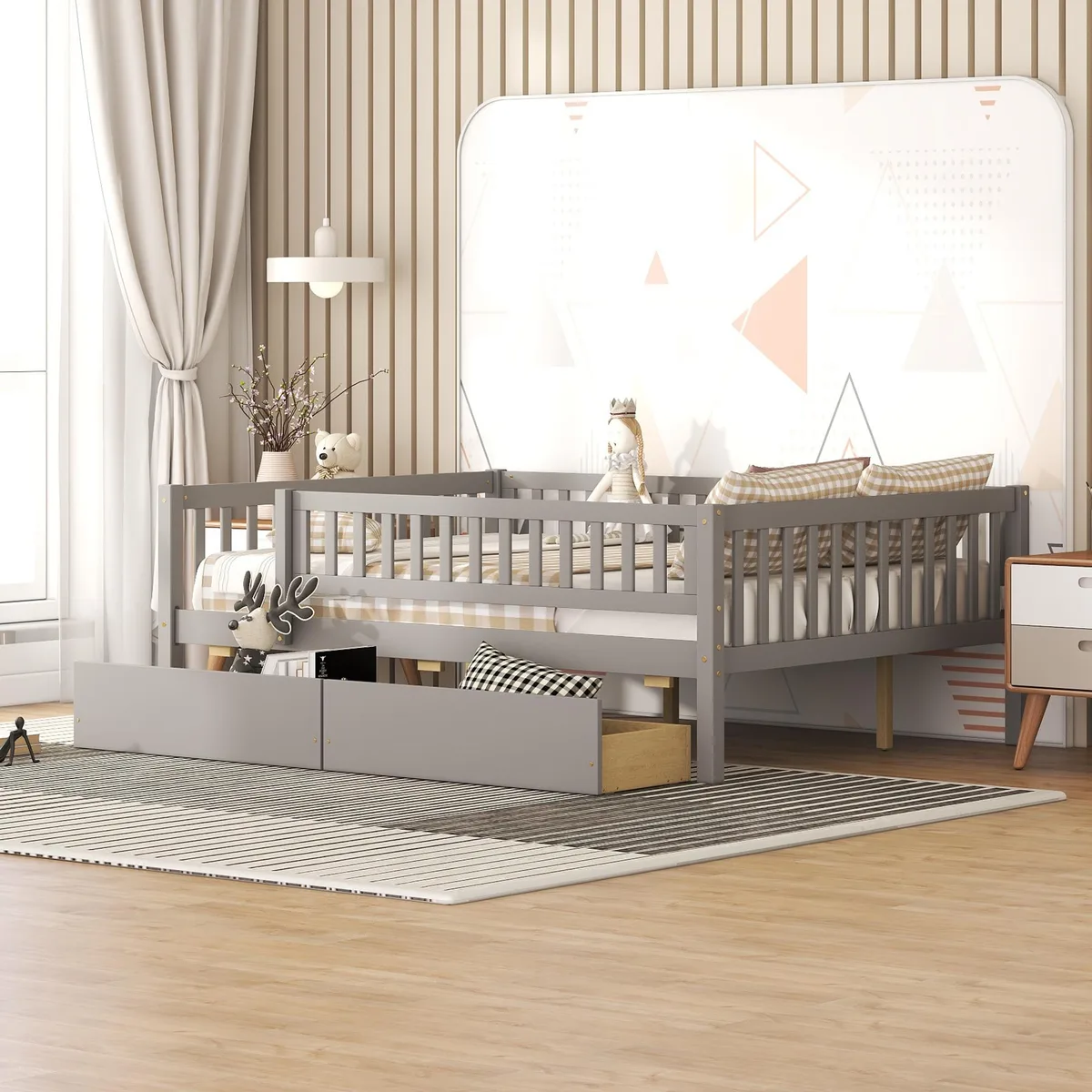 Gray solid-wood full-size daybed frame with two front drawers, 10 slats and tapered legs
