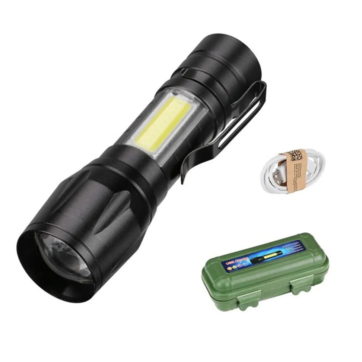 Small black anodised aluminium flashlight with USB-C port, clip and lanyard