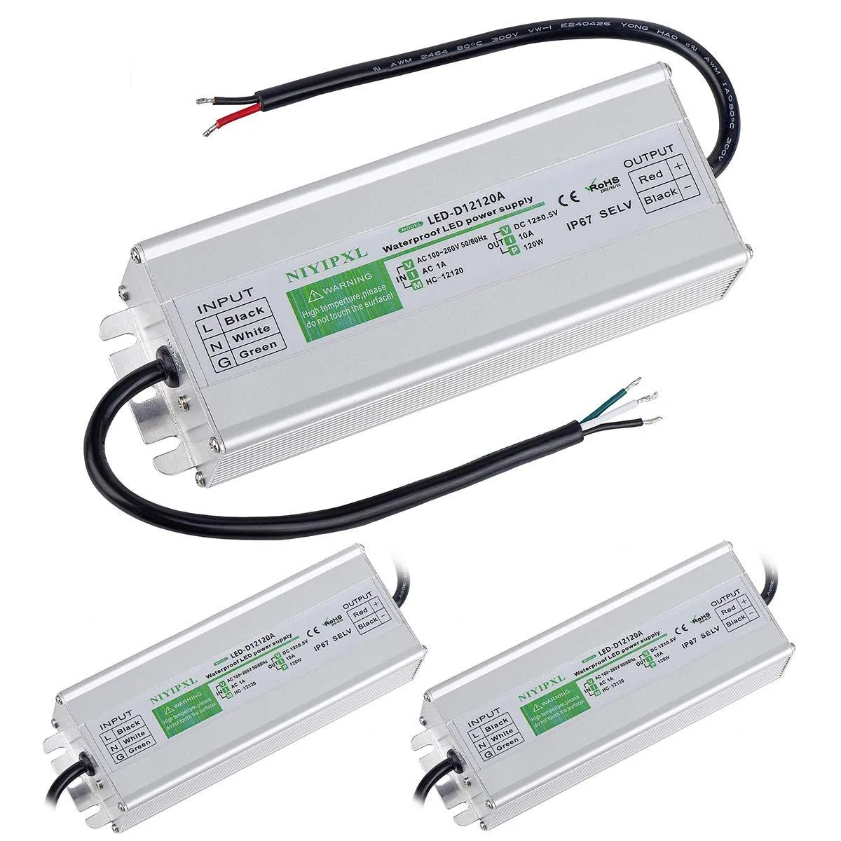 KEHIPI KEHIPI 3 Pack LED Driver 120W IP67 12V 10A Power Adapter — product photo