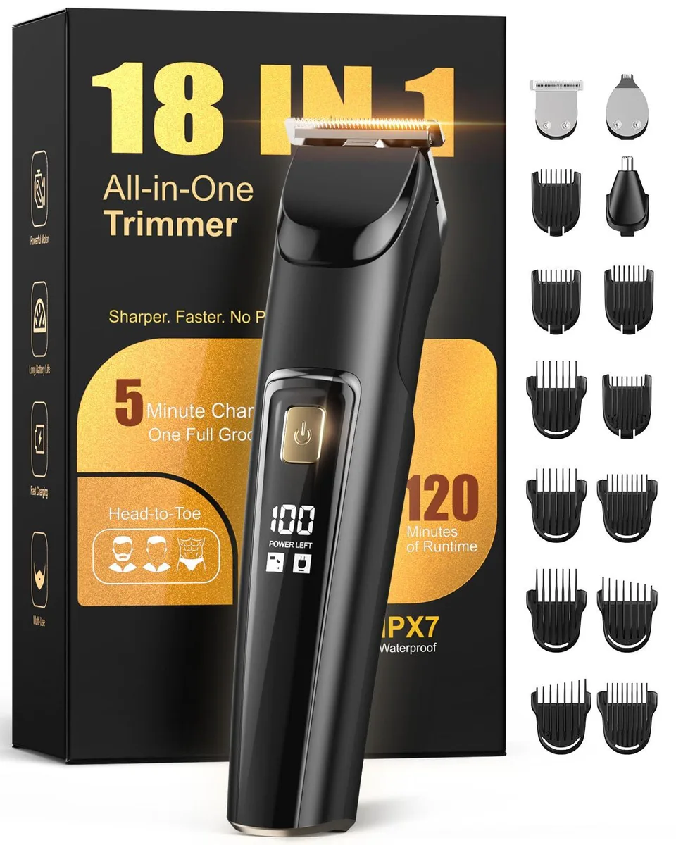 Black cordless beard trimmer with multiple attachment heads and guide combs