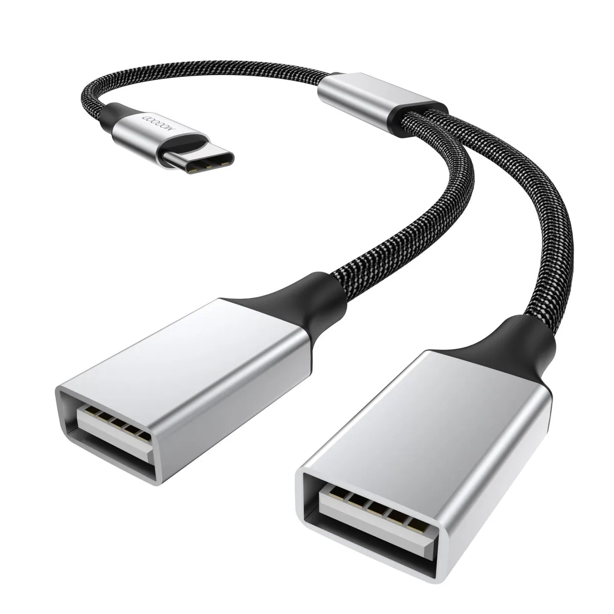 White USB-C plug splitting to two USB-A ports on short Y-cable