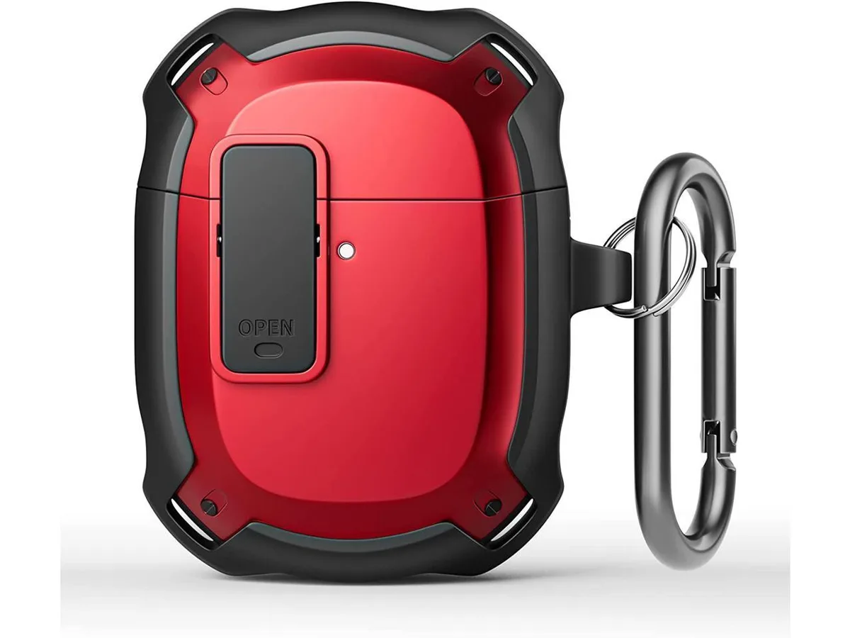 Red hard-shell protective case for Google Pixel Buds A with visible front LED and metal carabiner clip