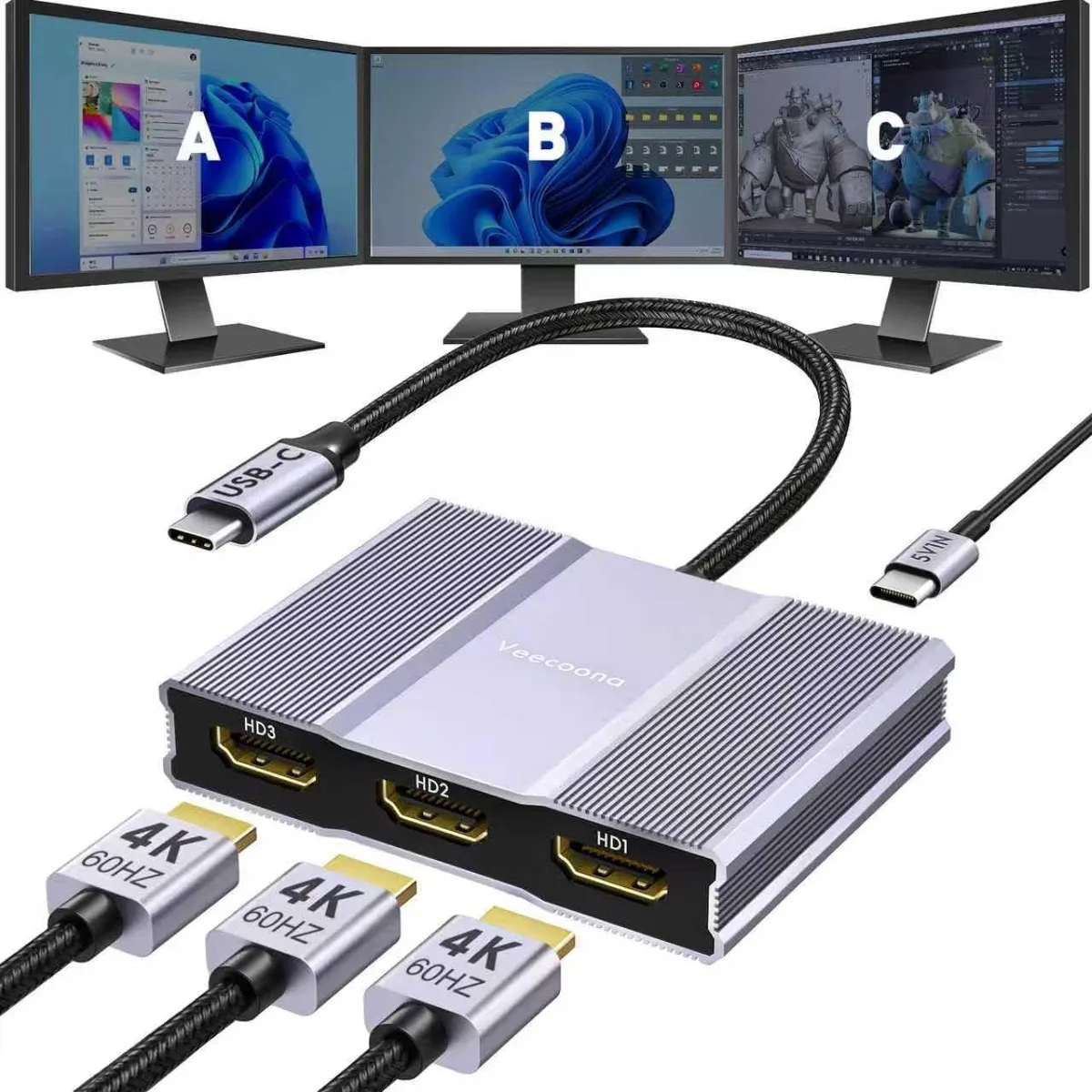 BFKK BFKK USB-C to 3 HDMI adapter 4K 60Hz 100W PD 3.0 — product photo
