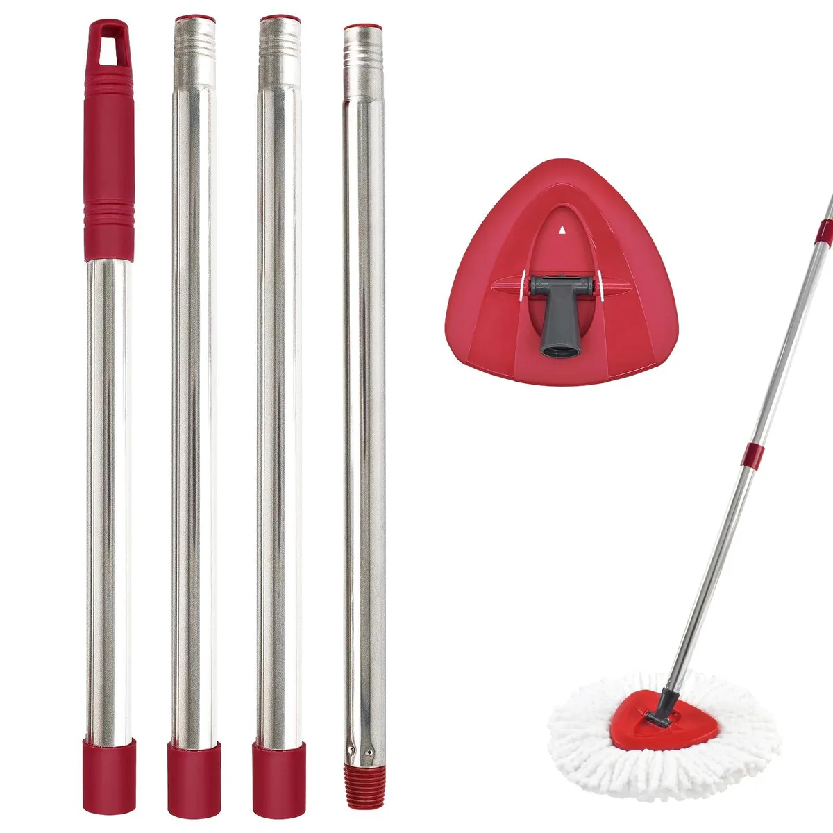 Four-section stainless steel mop handle with plastic base, extends 30 to 58 inches