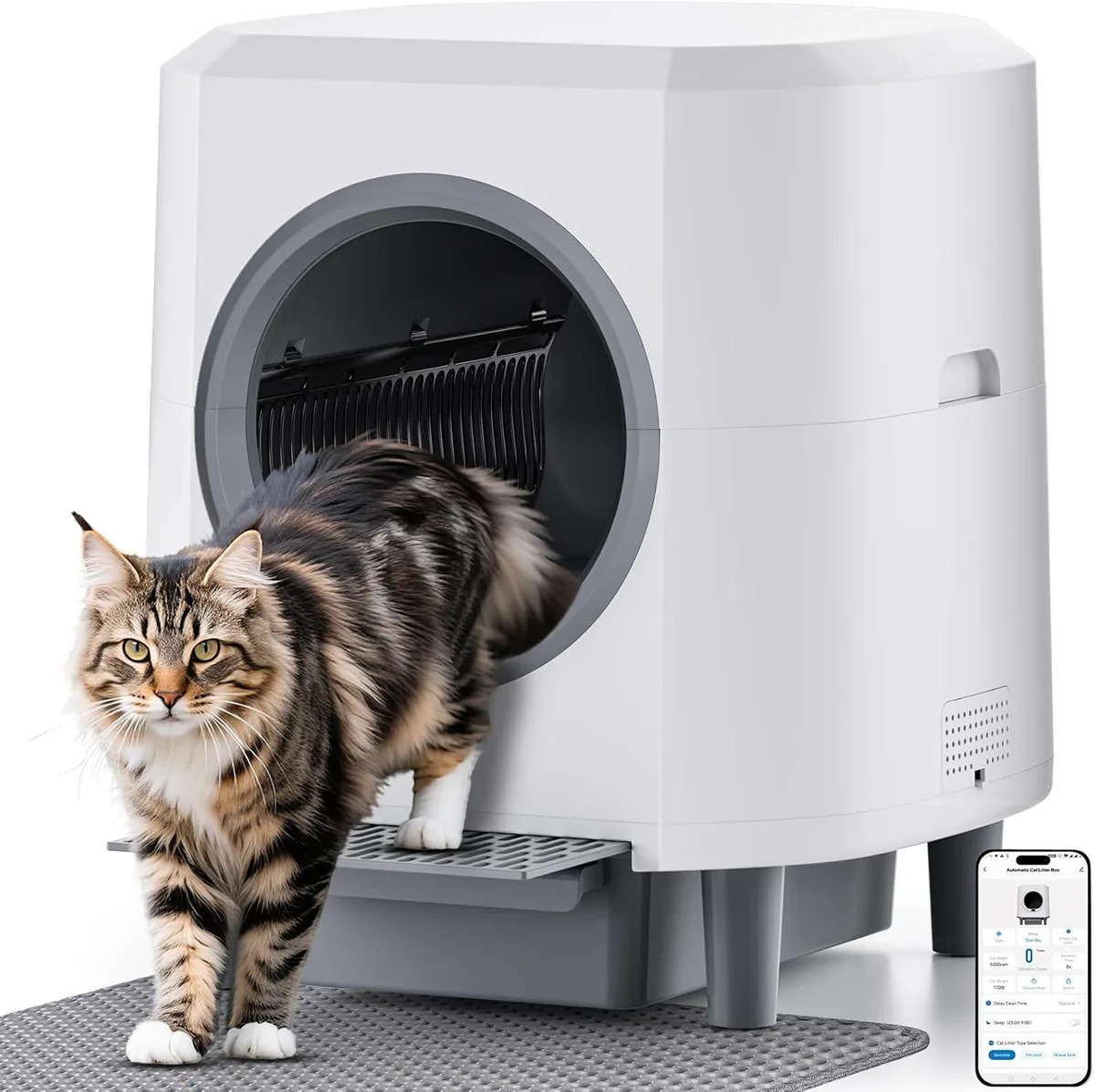 White rectangular automatic litter box with dark lid and control panel, app-connected via 2.4GHz Wi-Fi