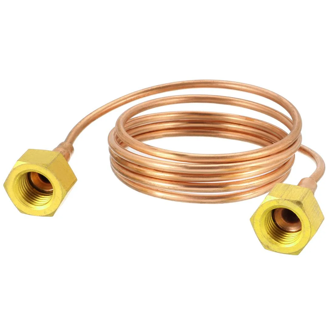 Coiled copper tubing with two flared nuts, copper finish