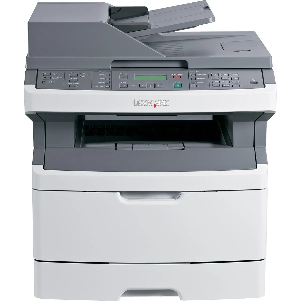 Lexmark X363DN desktop laser multifunction printer, matte grey finish, flatbed scanner lid with automatic document feeder