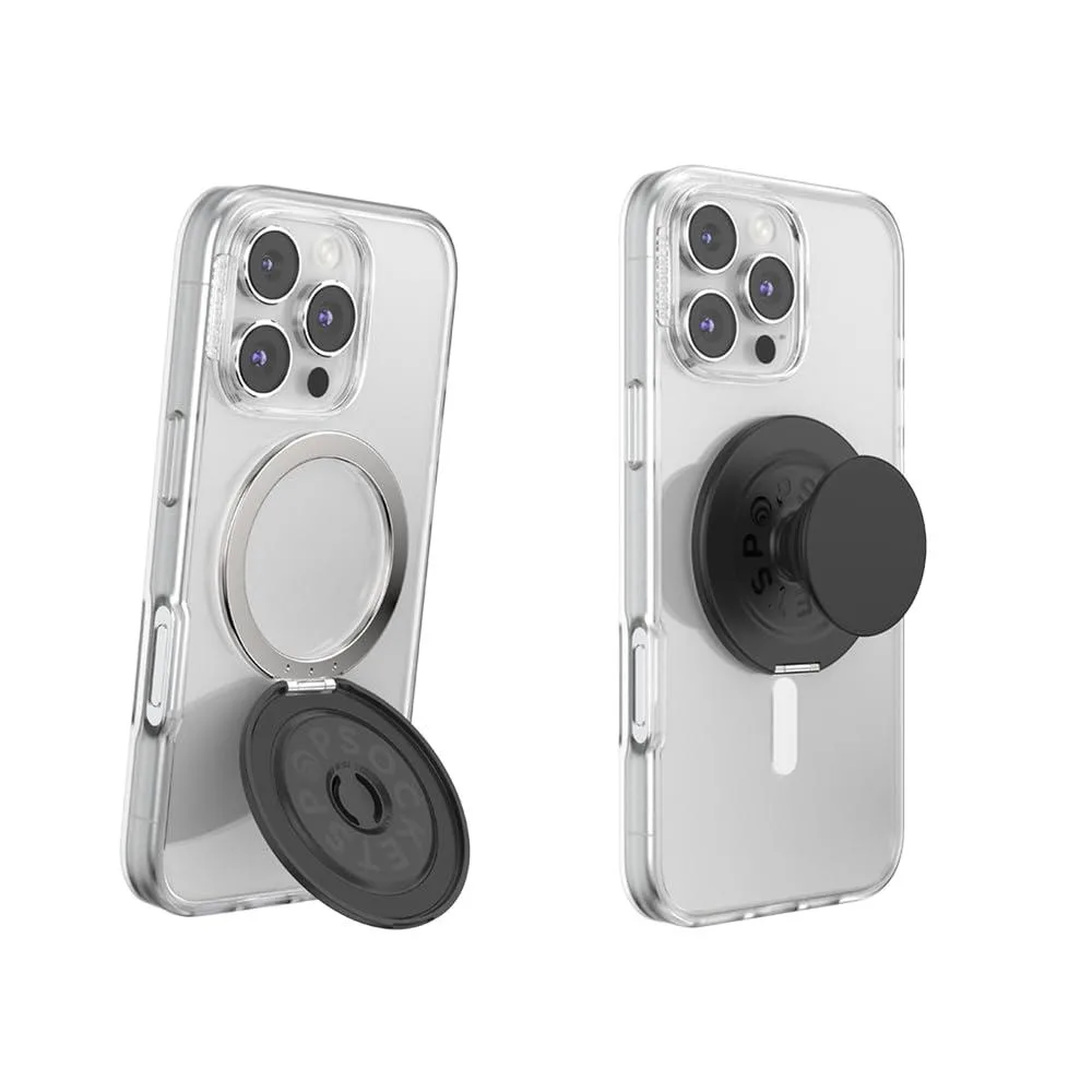 Black PopSockets magnetic grip with fold-out metal kickstand, flat disc shape, matte finish